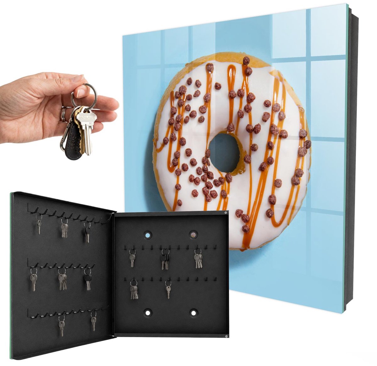 WallMuralia - Sleutelkast - 30x30x5 cm - met 50 haken - Zoete Verleiding Sleutelkastje - Blauw Sleutelbox - Linksopenend - Zwart interieur