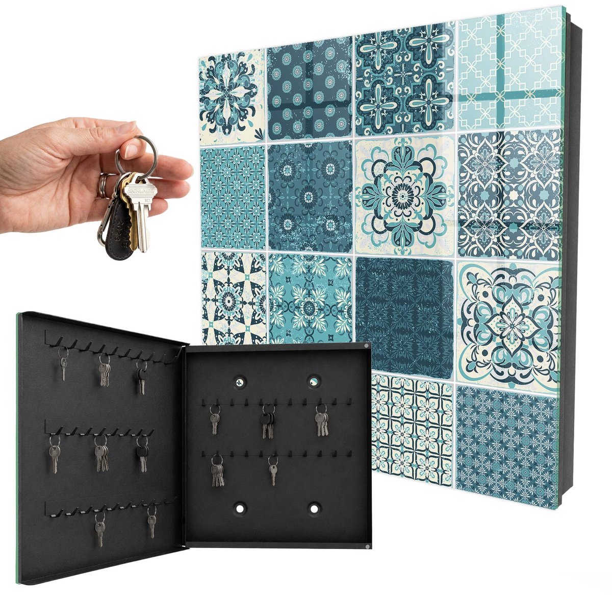 WallMuralia - Sleutelkast - 30x30x5 cm - met 50 haken - Retro Mozaïek Sleutelkastje Gang - Turkoois Sleutelbox - Linksopenend - Zwart interieur
