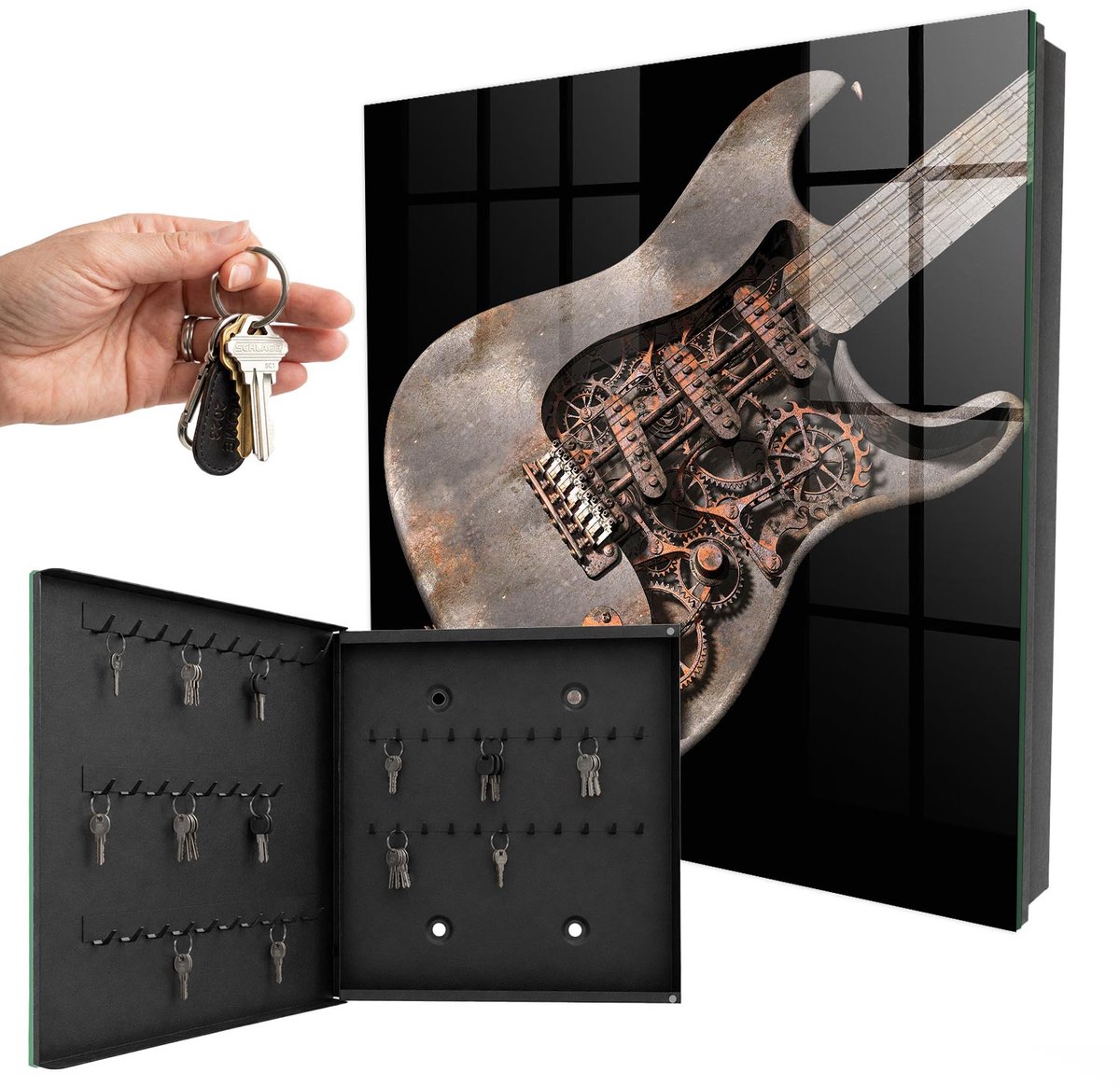 WallMuralia - Sleutelkast - 30x30x5 cm - met 50 haken - Mechanische Gitaar Sleutelkastje Gang - Grijs Sleutelbox - Linksopenend - Zwart interieur
