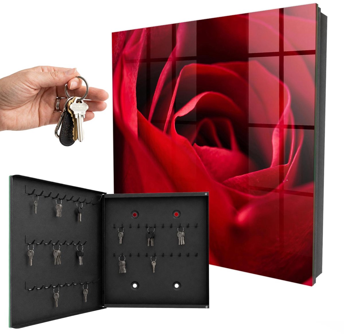 WallMuralia - Sleutelkast - 30x30x5 cm - met 50 haken - Roos Van Dichtbij Design Sleutelkastje - Rood Sleutelbox - Linksopenend - Zwart interieur