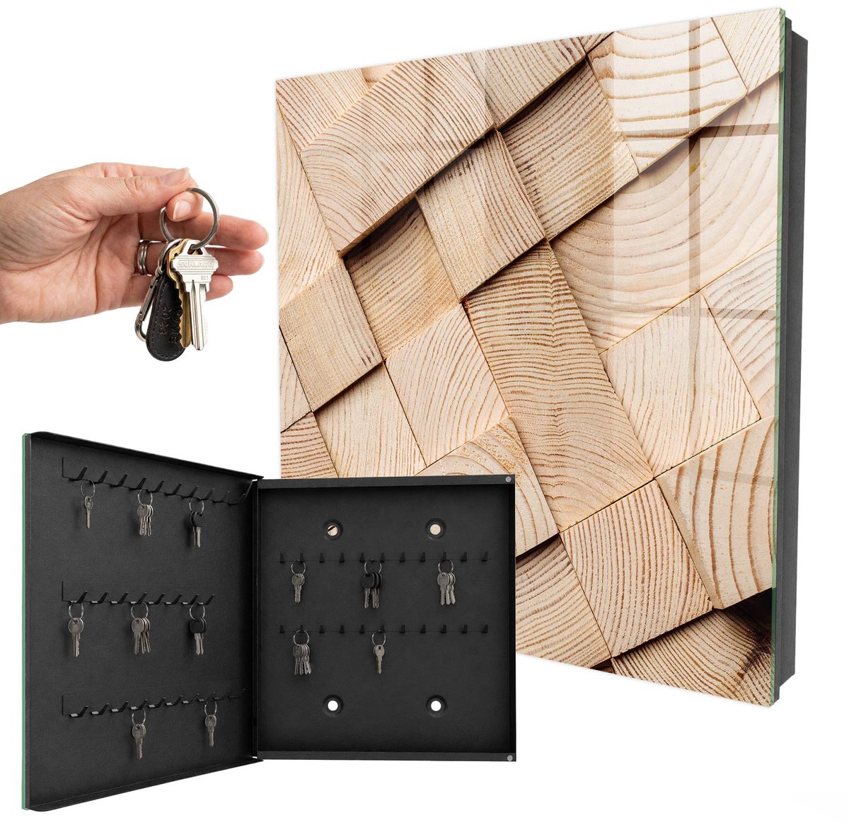 WallMuralia - Sleutelkast - 30x30x5 cm - met 50 haken - Houtstructuur Leuk Sleutelkastje - Beige Sleutelbox - Linksopenend - Zwart interieur