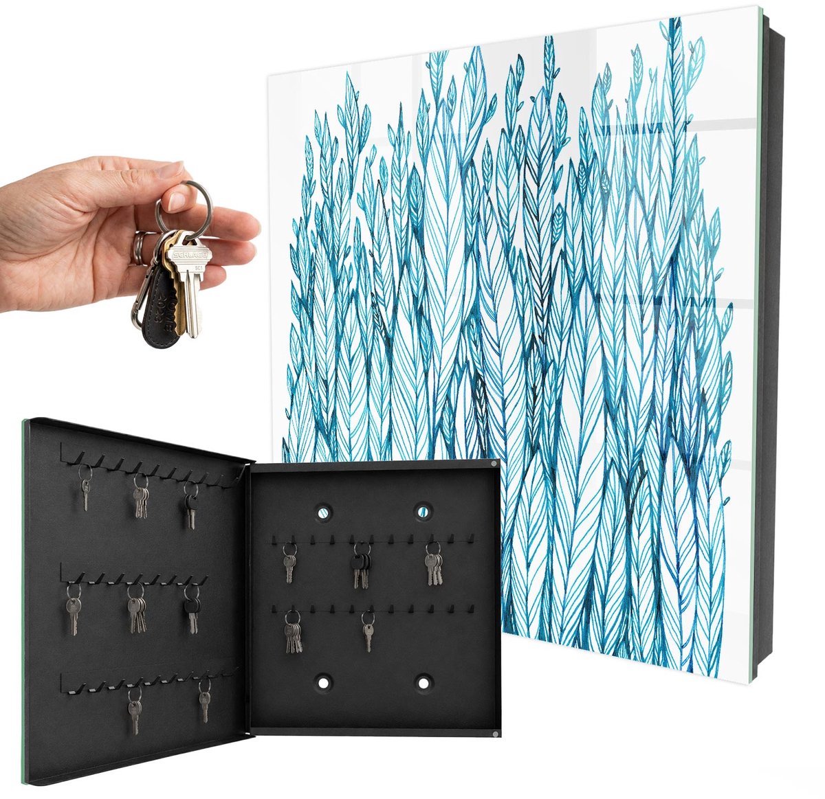WallMuralia - Sleutelkast - 30x30x5 cm - met 50 haken - Bladrijke Elegantie Design Sleutelkastje - Blauw Sleutelbox - Linksopenend - Zwart interieur