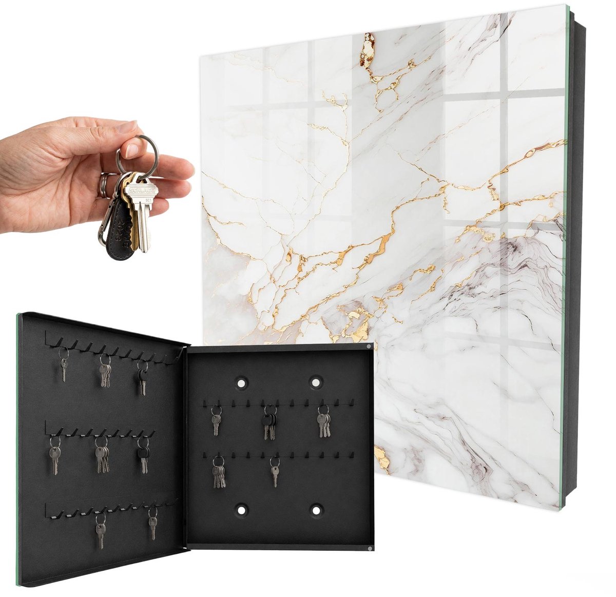 WallMuralia - Sleutelkast - 30x30x5 cm - met 50 haken - De Elegantie Van Steen Sleutelkastje - Wit Sleutelbox - Linksopenend - Zwart interieur
