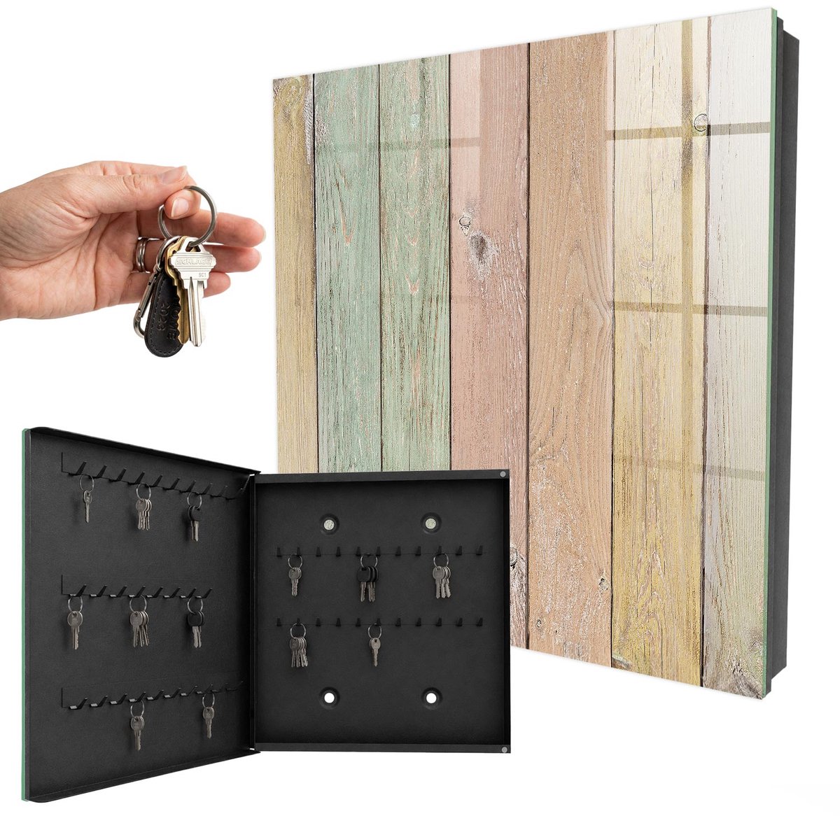 WallMuralia - Sleutelkast - 30x30x5 cm - met 50 haken - Pastelplaten Sleutelkastje Landelijk - Beige Sleutelbox - Linksopenend - Zwart interieur
