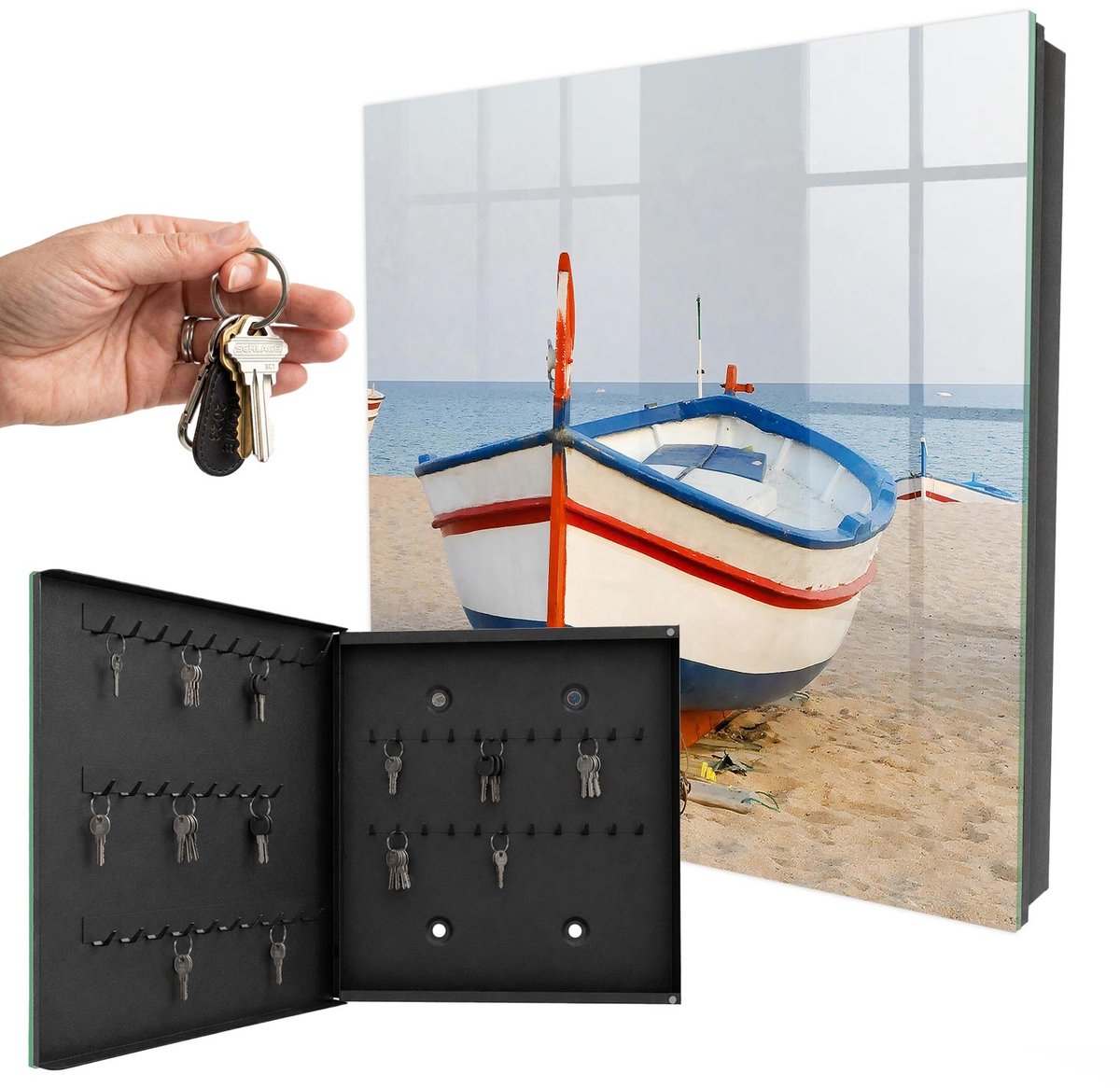 WallMuralia - Sleutelkast - 30x30x5 cm - met 50 haken - Zomercruise Sleutelkastje Binnen - Geel Sleutelbox - Linksopenend - Zwart interieur
