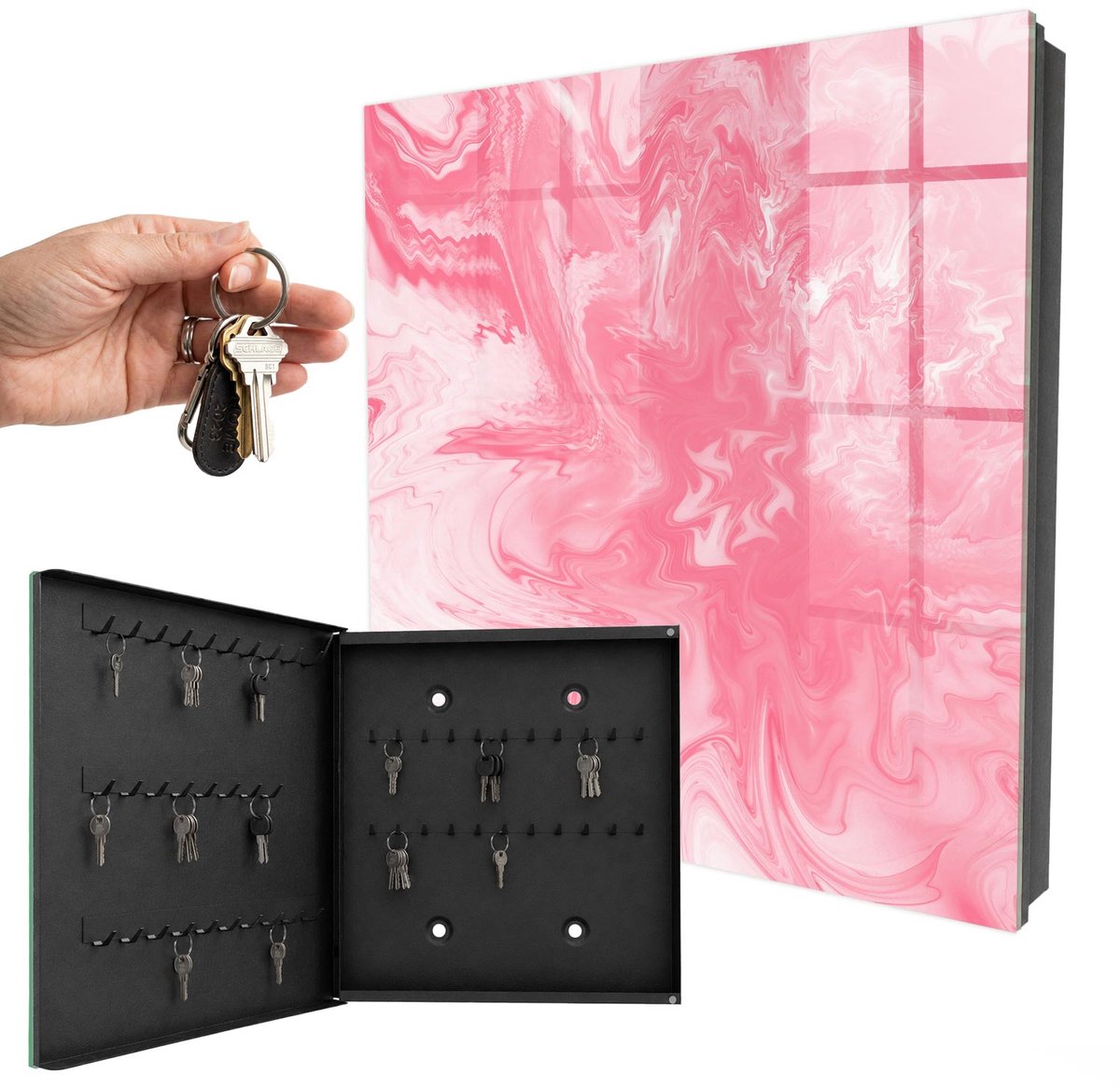 WallMuralia - Sleutelkast - 30x30x5 cm - met 50 haken - Roze Zephyr Sleutelkastje Klein - Roze Sleutelbox - Linksopenend - Zwart interieur