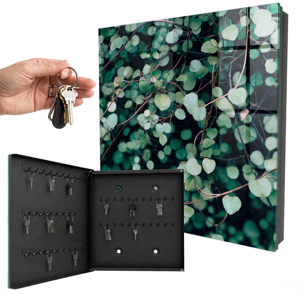 WallMuralia - Sleutelkast - 30x30x5 cm - met 50 haken - Groene Bladeren Sleutelkastje Huis - Groente Sleutelbox - Linksopenend - Zwart interieur
