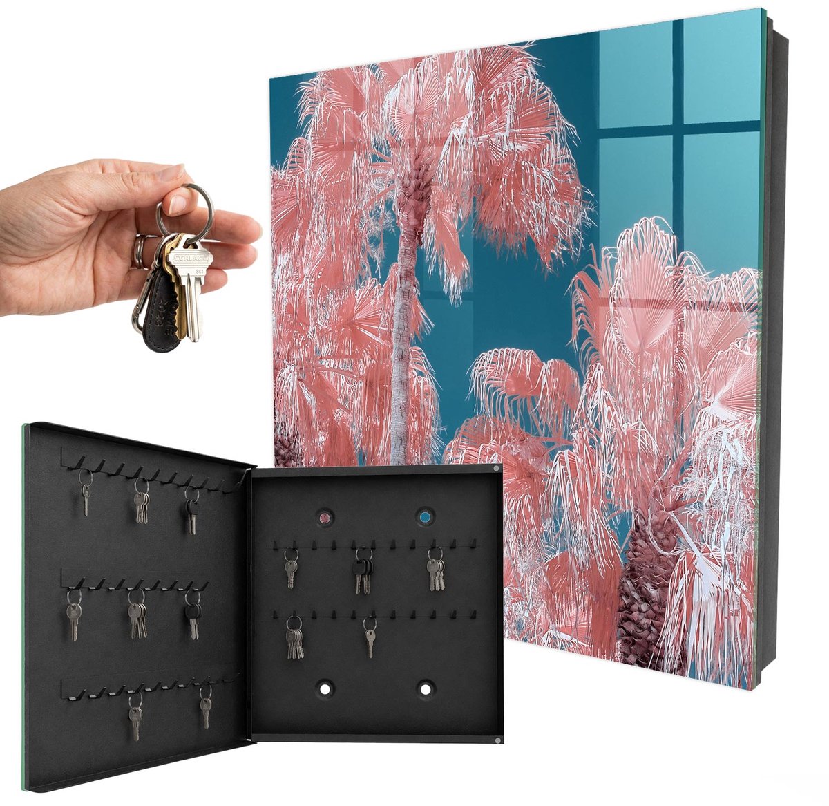 WallMuralia - Sleutelkast - 30x30x5 cm - met 50 haken - Tropische Compositie Leuk Sleutelkastje - Roze Sleutelbox - Linksopenend - Zwart interieur