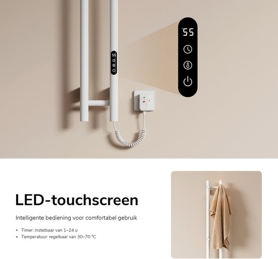 Wit, slank ontwerp van de elektrische handdoekradiator met LED-touchscreen en bediening.