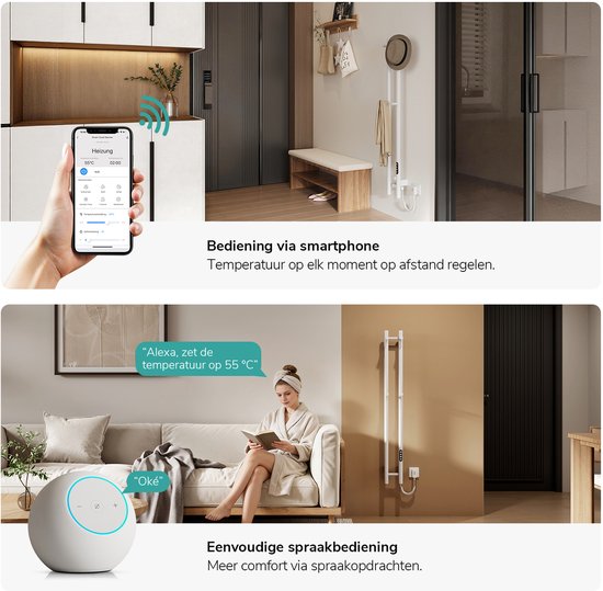 Bediening van de witte handdoekradiator via smartphone app en eenvoudige spraakbediening.