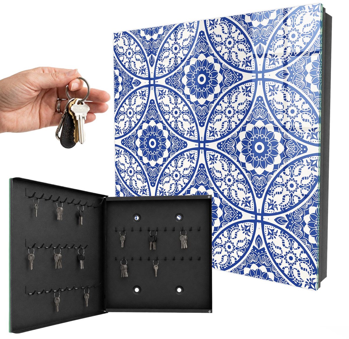 WallMuralia - Sleutelkast - 30x30x5 cm - met 50 haken - Blauw Mozaïek Sleutelkastje Hal - Blauw Sleutelbox - Linksopenend - Zwart interieur