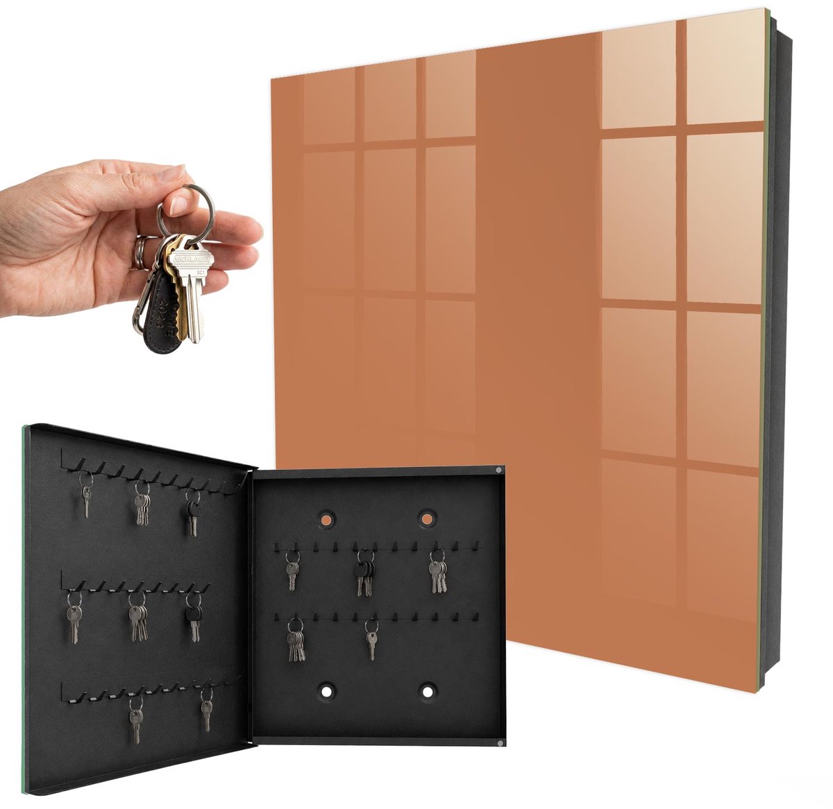 WallMuralia - Sleutelkast - 30x30x5 cm - met 50 haken - Doffe Oranje Sleutelkastje Industrieel - Oranje Sleutelbox - Linksopenend - Zwart interieur