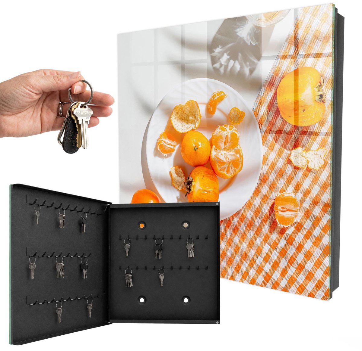 WallMuralia - Sleutelkast - 30x30x5 cm - met 50 haken - Sappig Fruit Design Sleutelkastje - Oranje Sleutelbox - Linksopenend - Zwart interieur