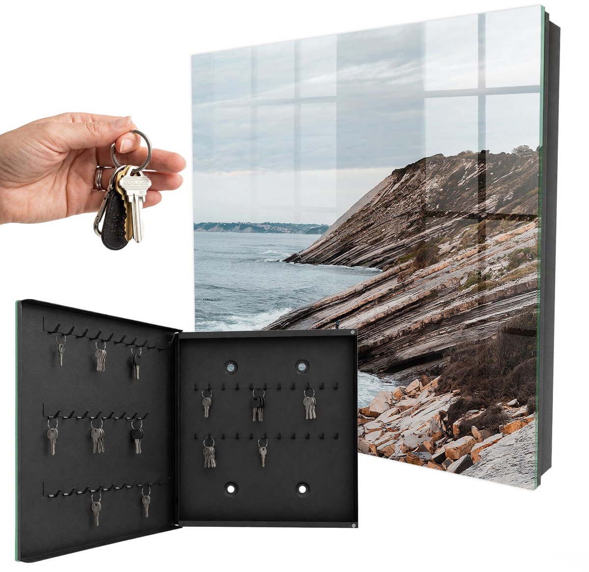 WallMuralia - Sleutelkast - 30x30x5 cm - met 50 haken - Kustlandschap Sleutelkastje Gang - Grijs Sleutelbox - Linksopenend - Zwart interieur