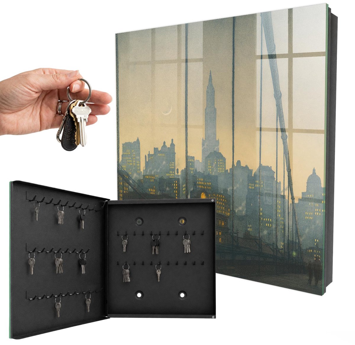 WallMuralia - Sleutelkast - 30x30x5 cm - met 50 haken - Ten Westen Van De Stad Sleutelkastje Industrieel - Geel Sleutelbox - Linksopenend - Zwart interieur
