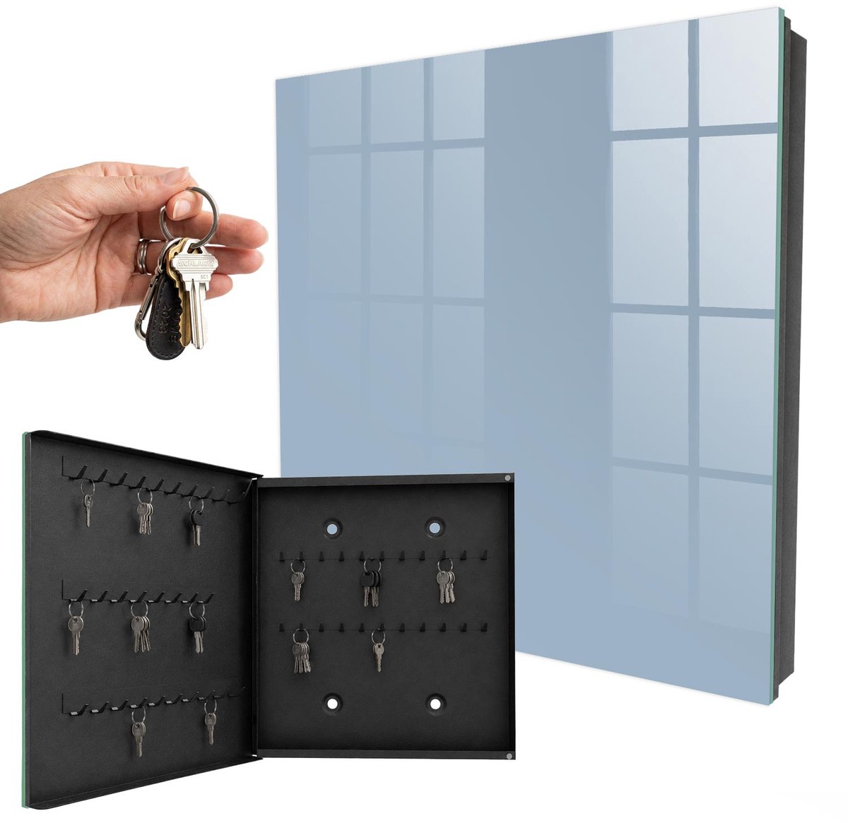 WallMuralia - Sleutelkast - 30x30x5 cm - met 50 haken - Pastelblauw Sleutelkastje Design - Blauw Sleutelbox - Linksopenend - Zwart interieur