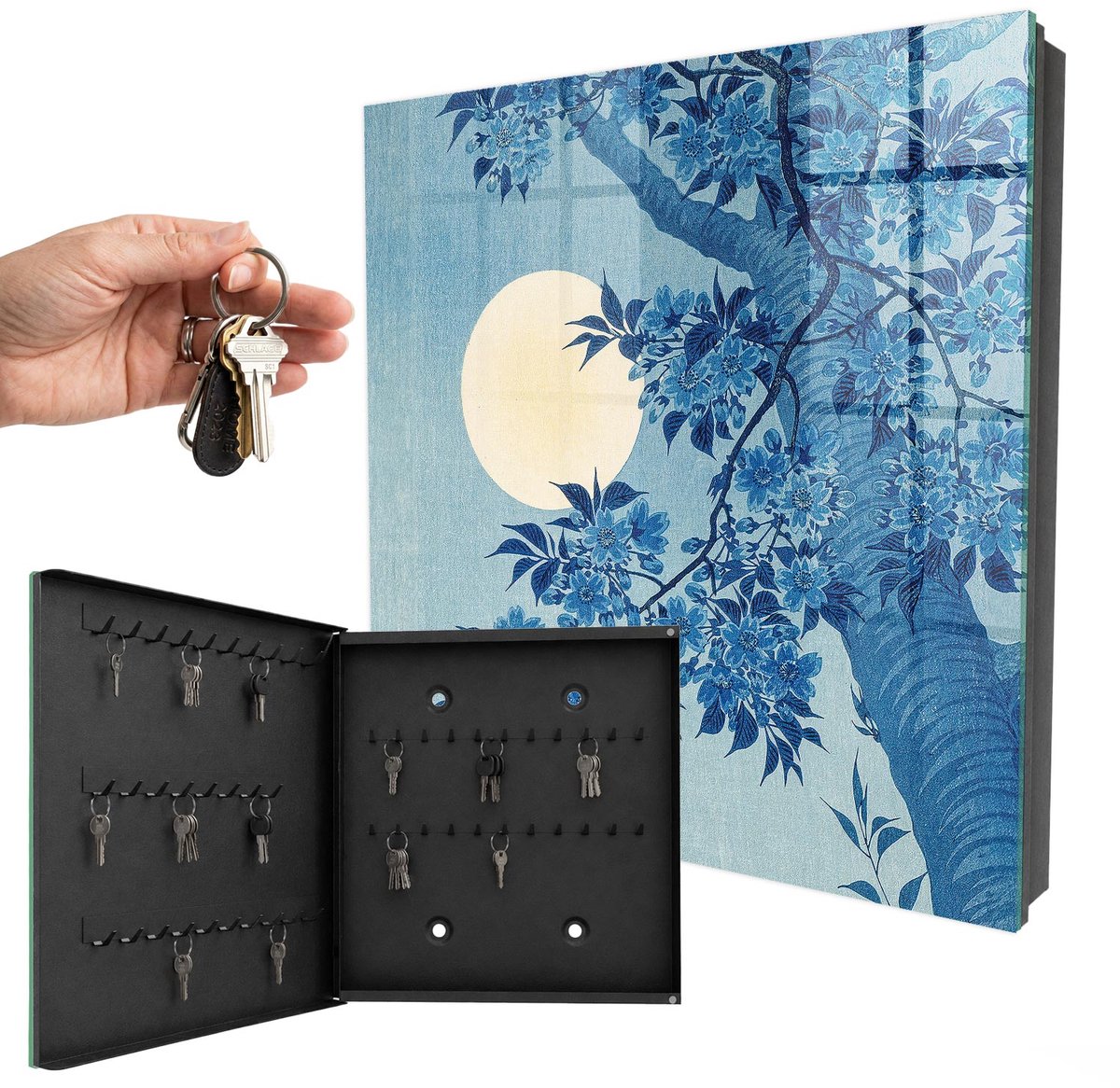 WallMuralia - Sleutelkast - 30x30x5 cm - met 50 haken - Maanverlichte Nacht Sleutelkastje Voor Binnen - Blauw Sleutelbox - Linksopenend - Zwart interieur