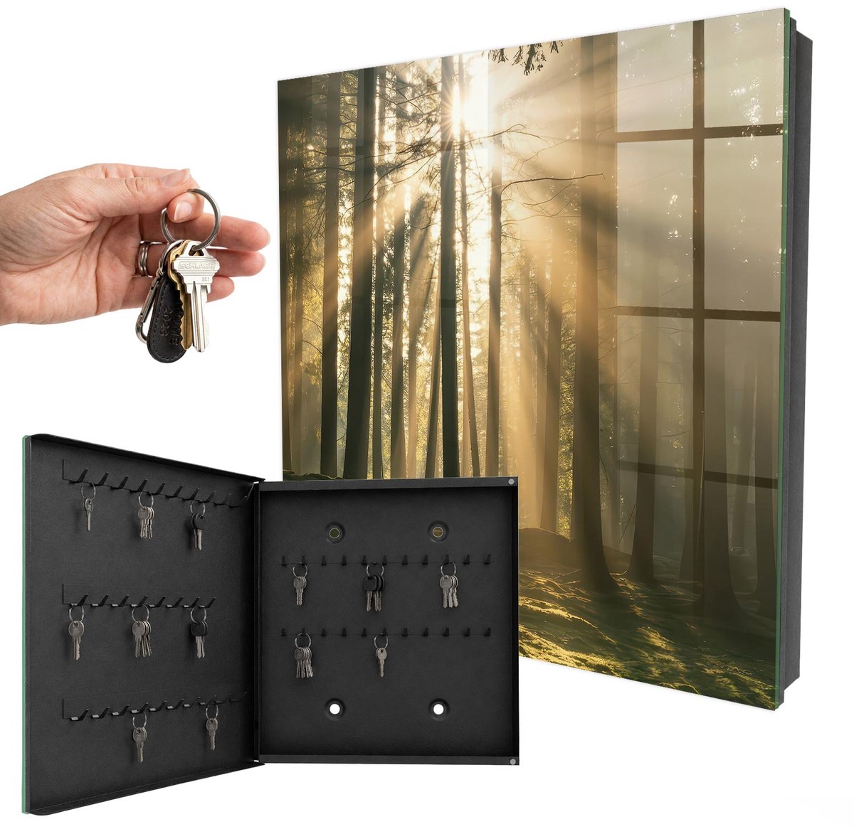 WallMuralia - Sleutelkast - 30x30x5 cm - met 50 haken - Boslicht Sleutelkastje Huis - Groente Sleutelbox - Linksopenend - Zwart interieur