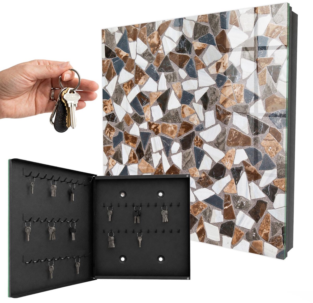 WallMuralia - Sleutelkast - 30x30x5 cm - met 50 haken - Geometrische Mozaïek Design Sleutelkastje - Bruin Sleutelbox - Linksopenend - Zwart interieur