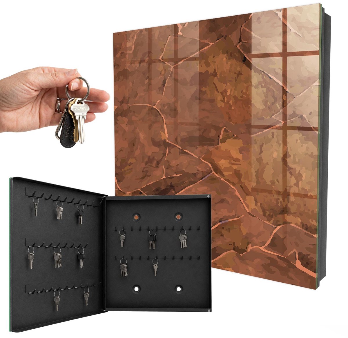 WallMuralia - Sleutelkast - 30x30x5 cm - met 50 haken - Steenstructuur Sleutelkastje Klein - Bruin Sleutelbox - Linksopenend - Zwart interieur