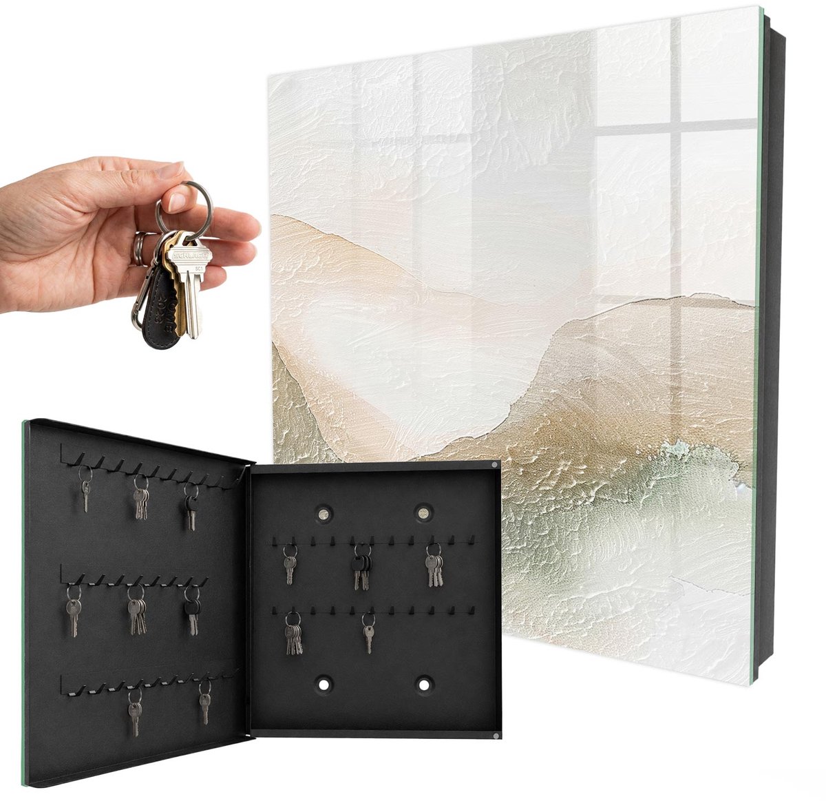 WallMuralia - Sleutelkast - 30x30x5 cm - met 50 haken - Harmonie Van De Natuur Sleutelkastje Industrieel - Beige Sleutelbox - Linksopenend - Zwart interieur