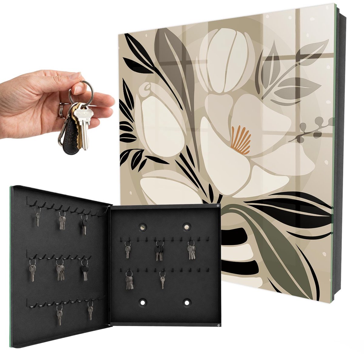 WallMuralia - Sleutelkast - 30x30x5 cm - met 50 haken - Bloemrijk Minimalisme Sleutelkastje - Beige Sleutelbox - Linksopenend - Zwart interieur