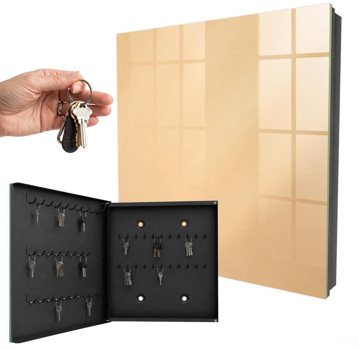 WallMuralia - Sleutelkast - 30x30x5 cm - met 50 haken - Beige Troost Sleutelkastje - Beige Sleutelbox - Linksopenend - Zwart interieur