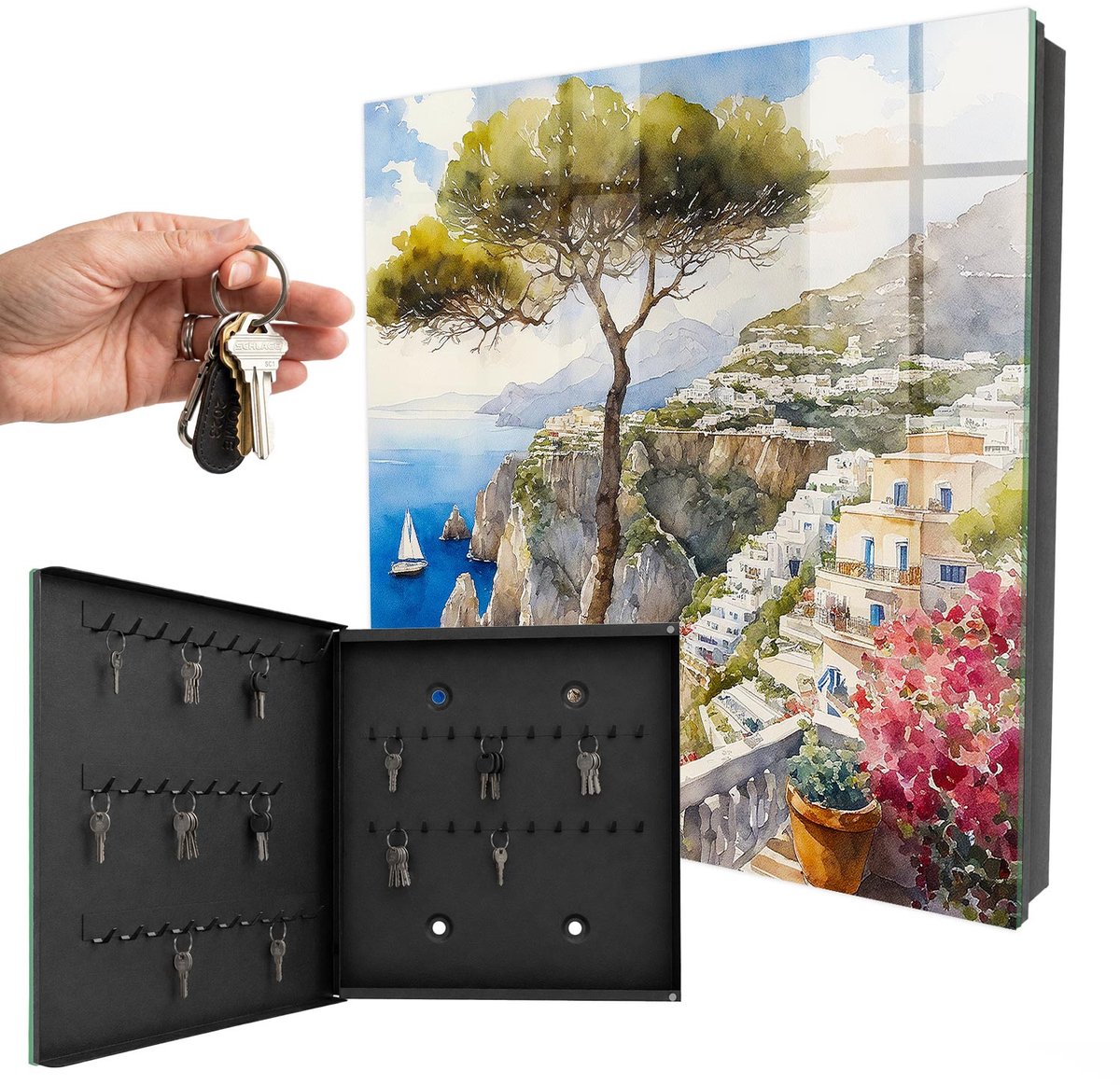 WallMuralia - Sleutelkast - 30x30x5 cm - met 50 haken - Mediterraan Landschap Groot Sleutelkastje - Blauw Sleutelbox - Linksopenend - Zwart interieur