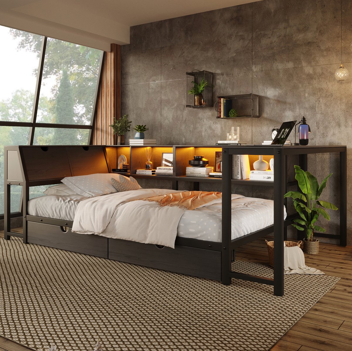 Metalen Bed 90x200 Cm Zonder Matras Met Opbergruimte, LED Verlichting, Bureau En Lades, Zwart