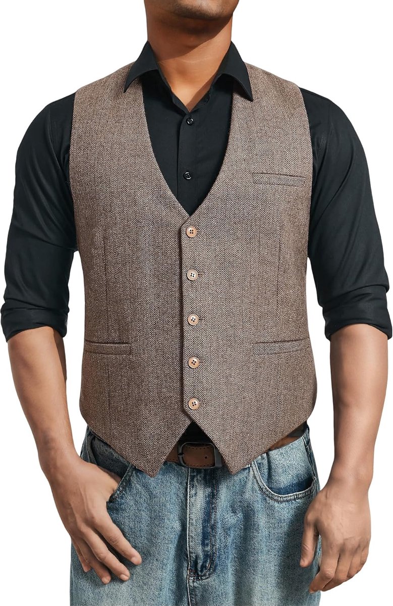 Gilet voor heren, visgraatmotief, tweed, voor formele en informele gelegenheden, wollen stof, V-hals, één maat, heuplengte, bruin
