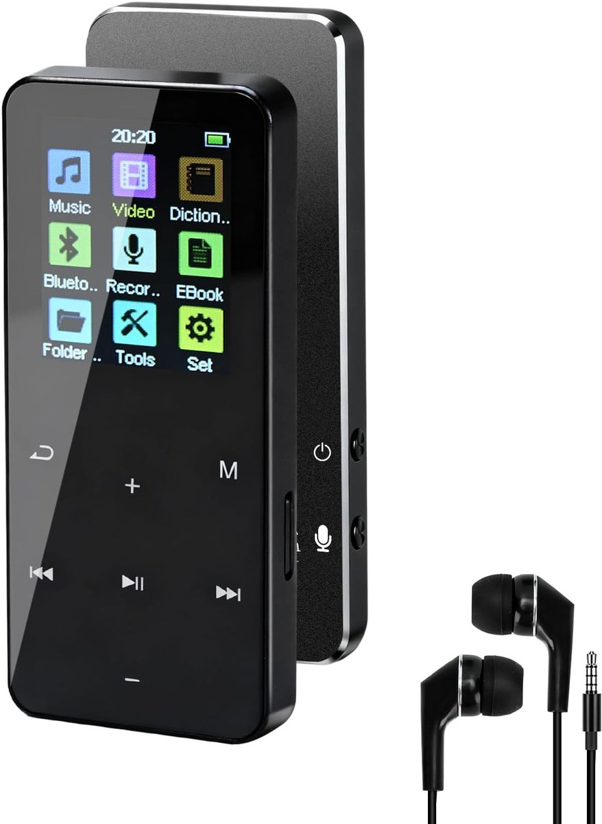 MP3-speler met Bluetooth, MP3 digitale audiospelers met luidspreker, FM-radio, videospeler, spraakrecorder, e-bookfunctie, HiFi verliesloze geluidskwaliteit, oortelefoons inbegrepen