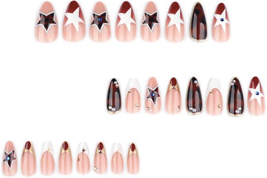 On Nails Mittel - Amandel Kunstnagels Met Sterrenpatroon - Bruine Volledige Bedekking Zelfklevende Nagels - Voor Dames Herfst Manicure 24 — afbeelding 3