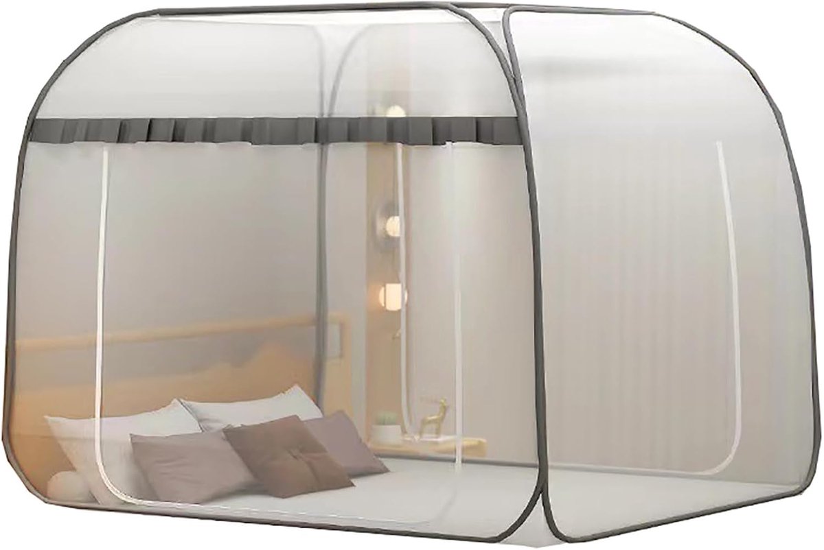 Pop-Up klamboe zomer bedhemel opvouwbaar draagbaar muggennet installatie gratis bed droomtents slaaptent voor eenpersoons- tot kingsize bedden, grijs 1, 180 x 200 cm