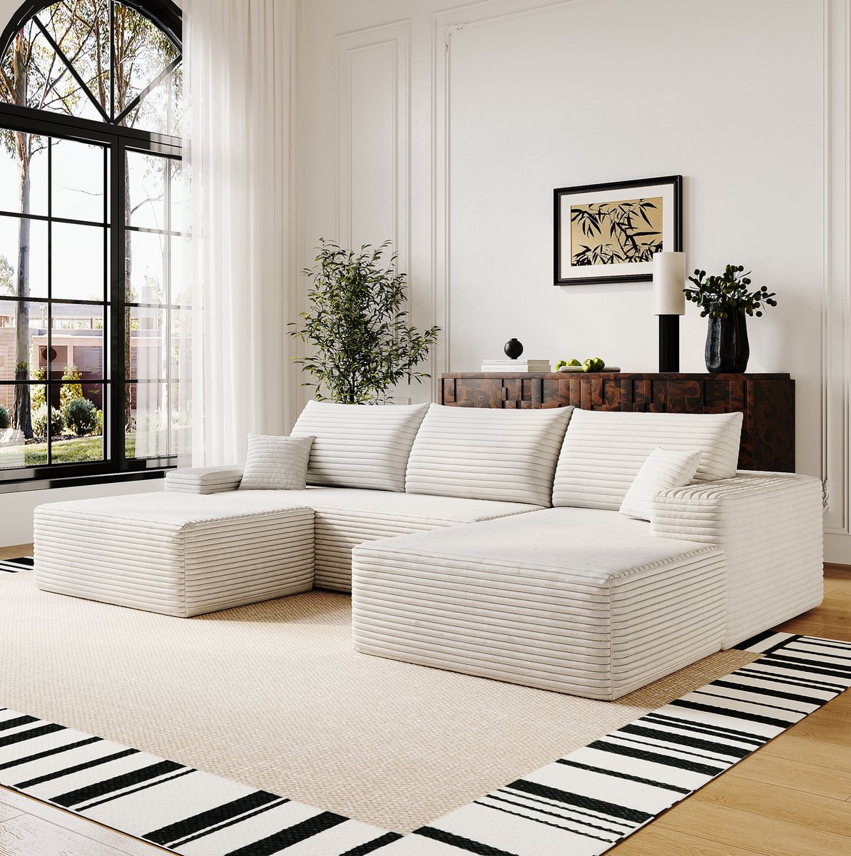 FloraGrace Hoekbank 270 cm - 4-Zits Modulaire Bank Met L-Vormige Chaise Longue En Diepe Zit - Woonkamer of Slaapkamer - Stof - Wit