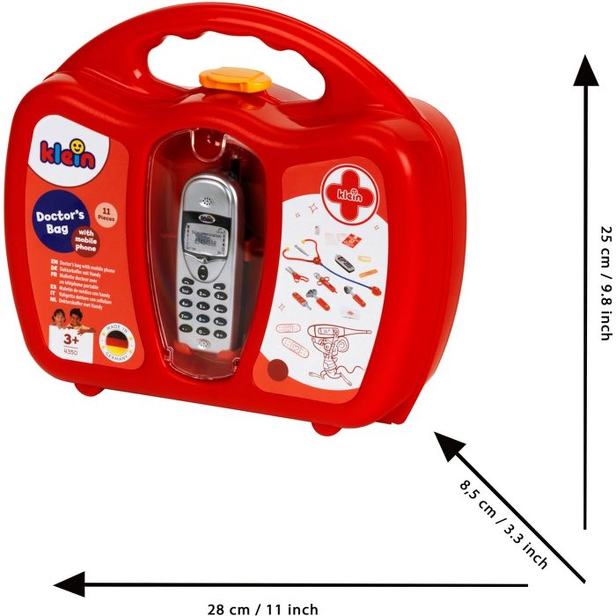 Klein Toys dokterskoffer met mobiele telefoon - stethoscoop, thermometer, reflexhamer, injectiespuit, pincet, oorspiegel, schaar, verpleegsterskapje, naamplaatje, pleisters - multicolor — afbeelding 15