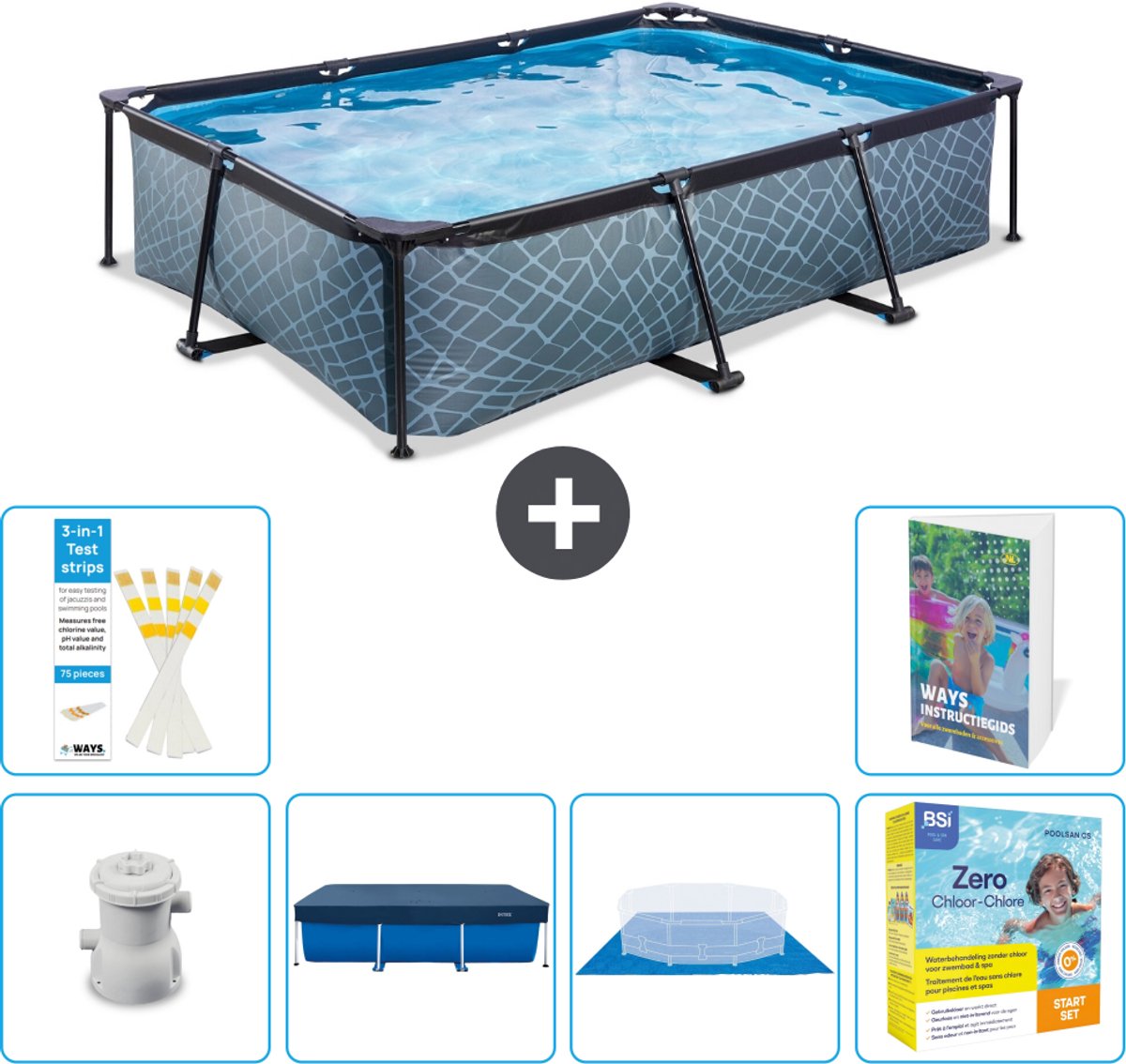EXIT Rechthoekig Stone Frame Zwembad - 300 x 200 x 65 cm - Inclusief Pomp - Afdekzeil - Grondzeil - Onderhoudspakket - 7-delig