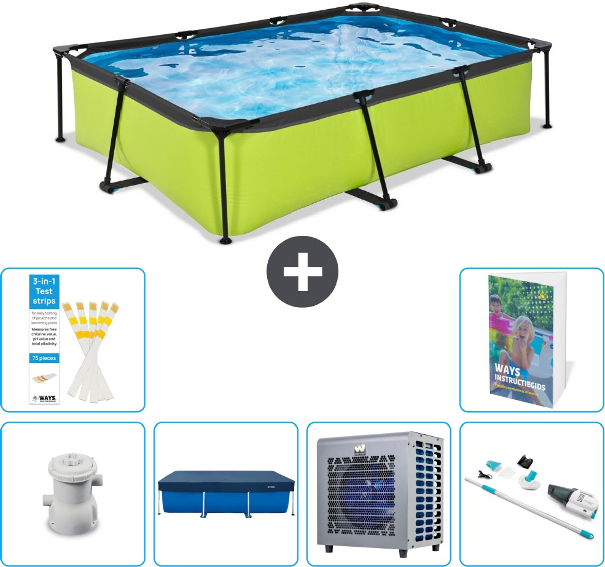 EXIT Rechthoekig Lime Frame Zwembad - 300 x 200 x 65 cm - Inclusief Pomp - Afdekzeil - Warmtepomp - Stofzuiger - 7-delig