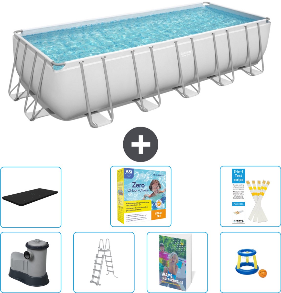 Bestway Rechthoekig Power Steel Zwembad - 640 x 274 x 132 - Grijs - Inclusief Pomp - Ladder - Afdekzeil - Onderhoudspakket - Speelgoed - 8-delig