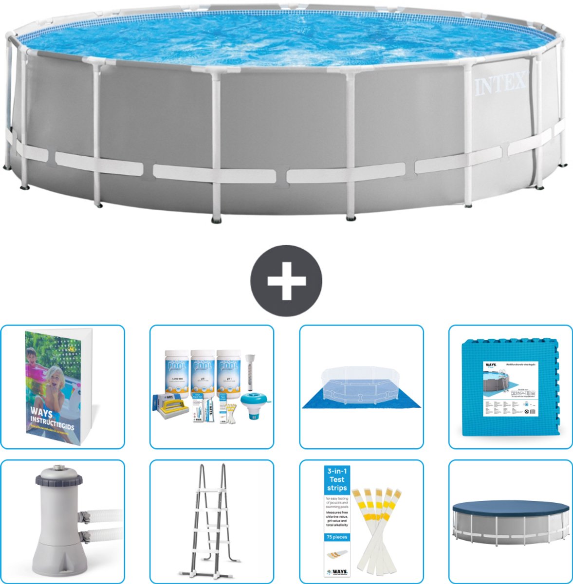 Intex Rond Prism Frame Zwembad - 457 x 122 cm - Grijs - Inclusief Pomp - Ladder - Grondzeil - Afdekzeil - Onderhoudspakket - Vloertegels - 9-delig
