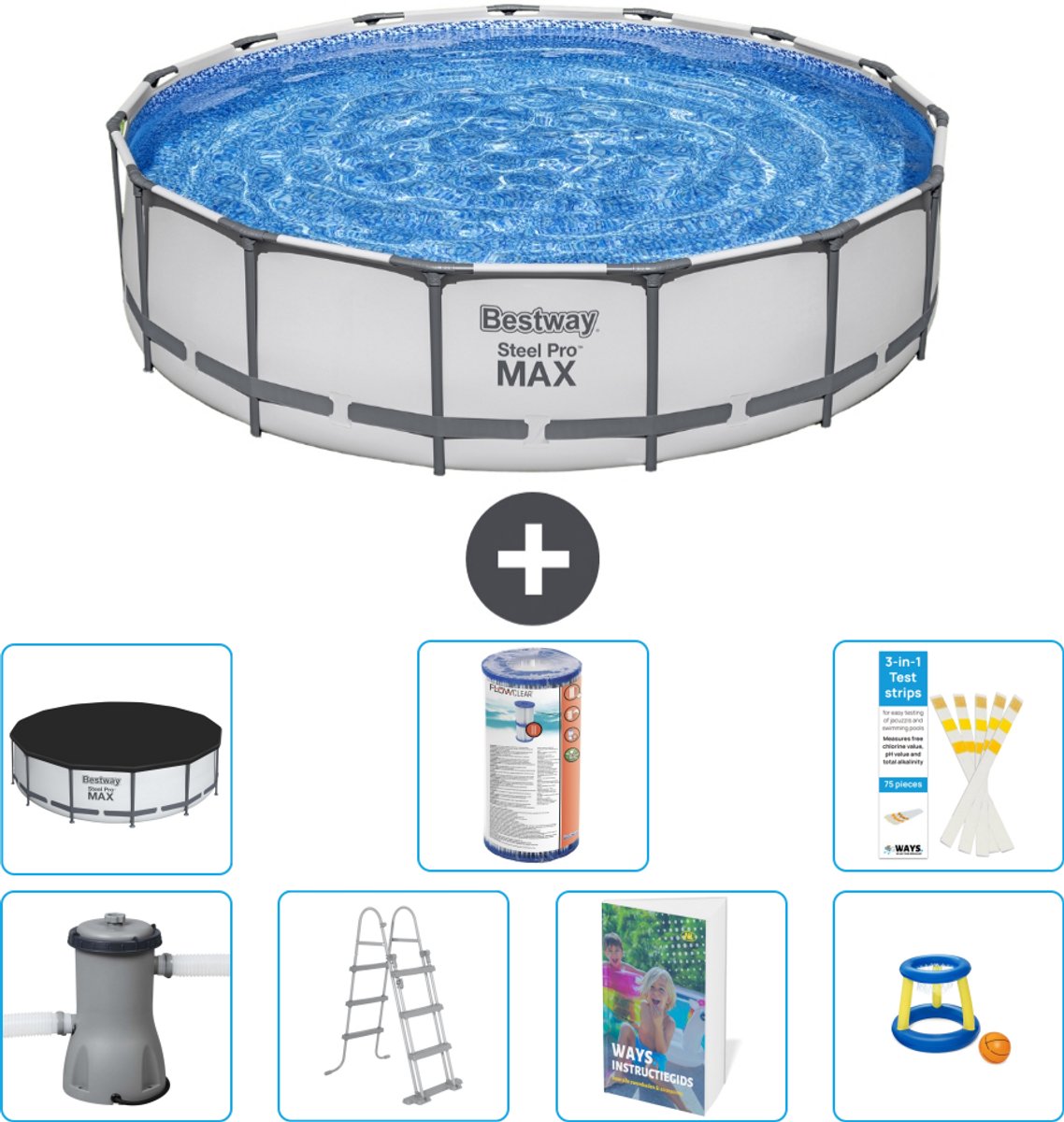 Bestway Rond Steel Pro MAX Zwembad - 457 x 107 cm - Grijs - Inclusief Pomp - Ladder - Afdekzeil - Filter - Speelgoed - 8-delig