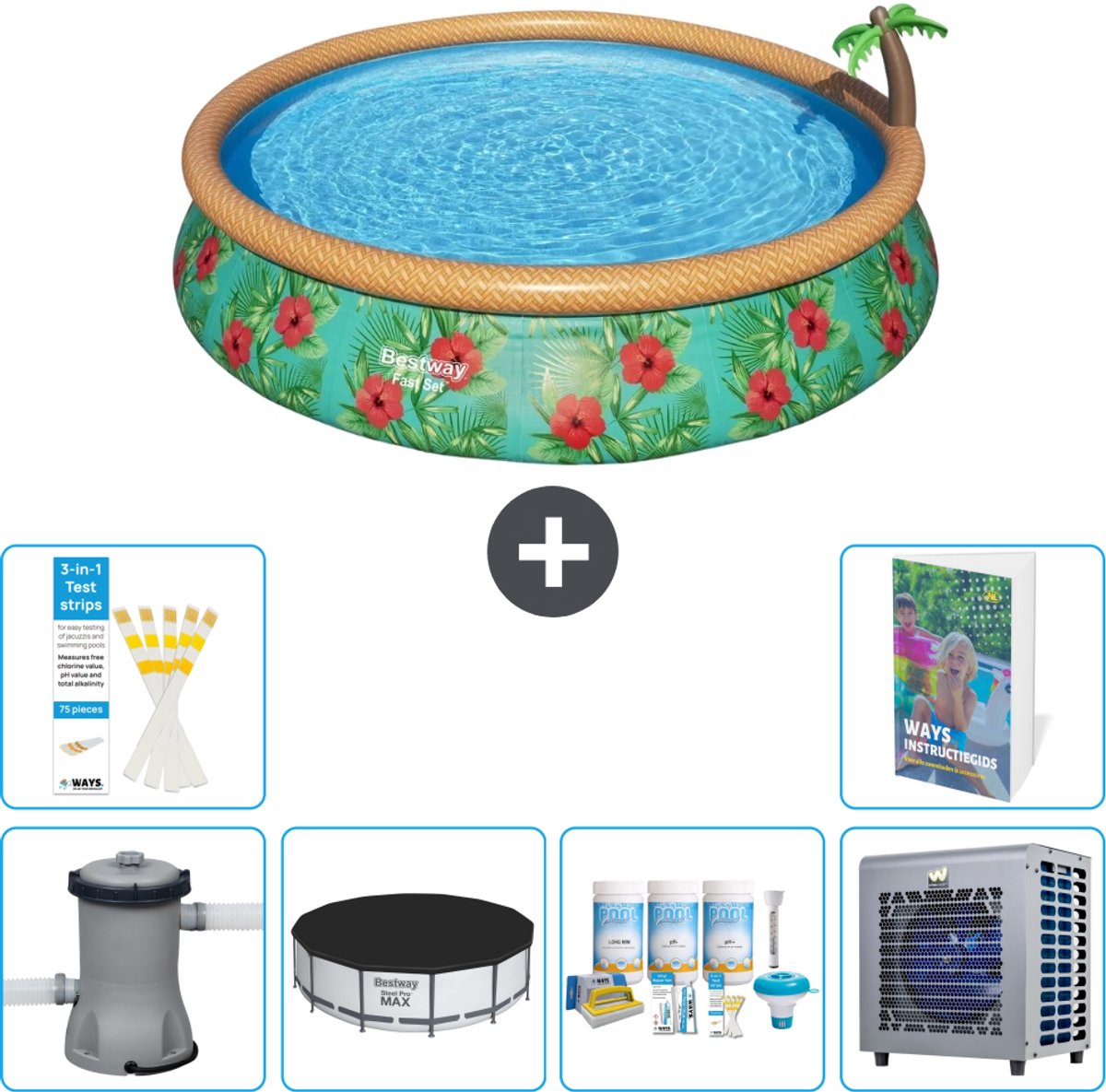 Bestway Rond Opblaasbaar Fast Set Zwembad - Paradijsprint - 457 x 84 cm - Inclusief Pomp - Afdekzeil - Onderhoudspakket - Warmtepomp - 7-delig