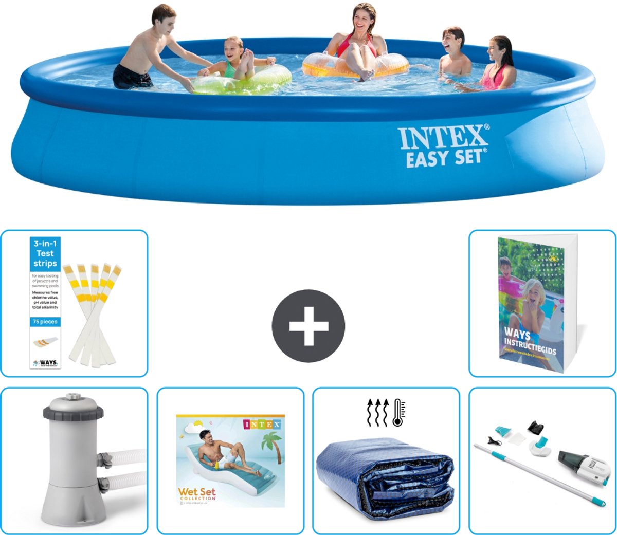 Intex Rond Opblaasbaar Easy Set Zwembad - 457 x 84 cm - Blauw - Inclusief Pomp - Loungebed - Solarzeil - Stofzuiger - 7-delig