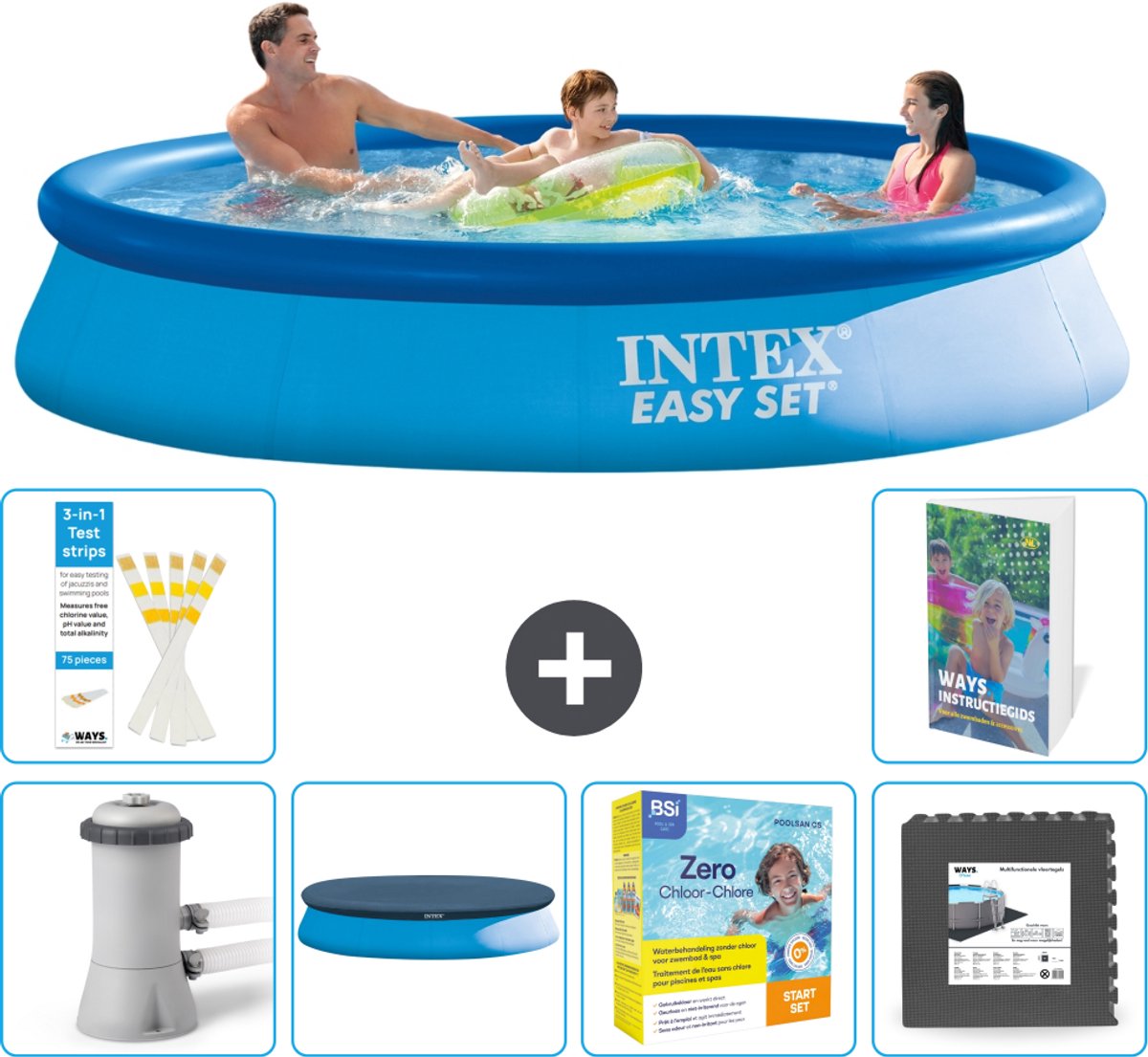 Intex Rond Opblaasbaar Easy Set Zwembad - 366 x 76 cm - Blauw - Inclusief Pomp - Afdekzeil - Onderhoudspakket - Vloertegels - 7-delig