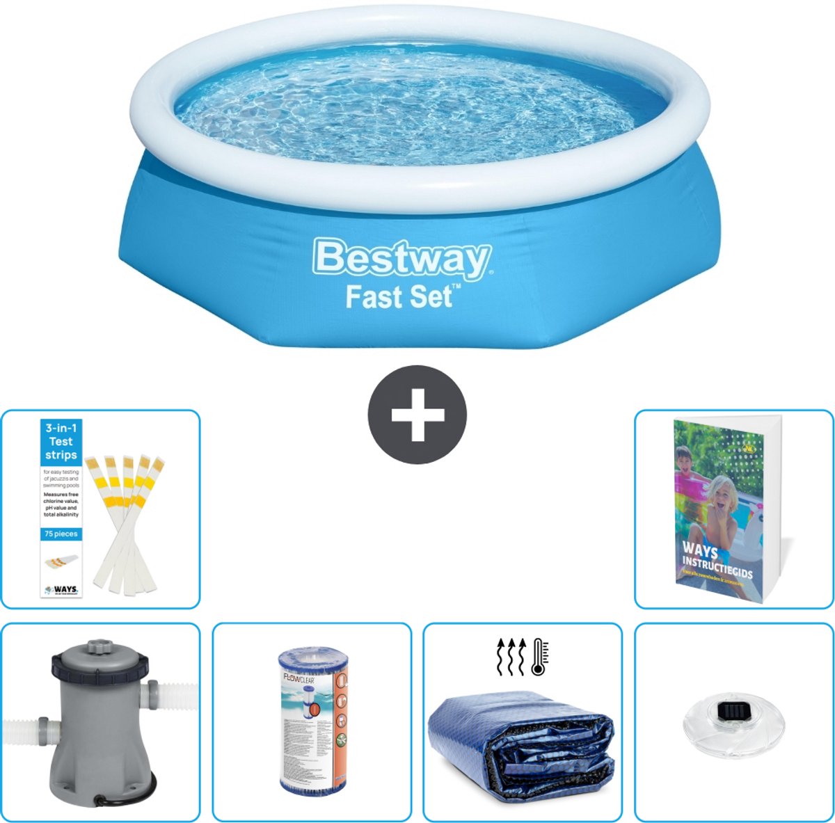 Bestway Rond Opblaasbaar Fast Set Zwembad - 244 x 61 cm - Blauw - Inclusief Pomp - Filter - Solarzeil - Verlichting - 7-delig