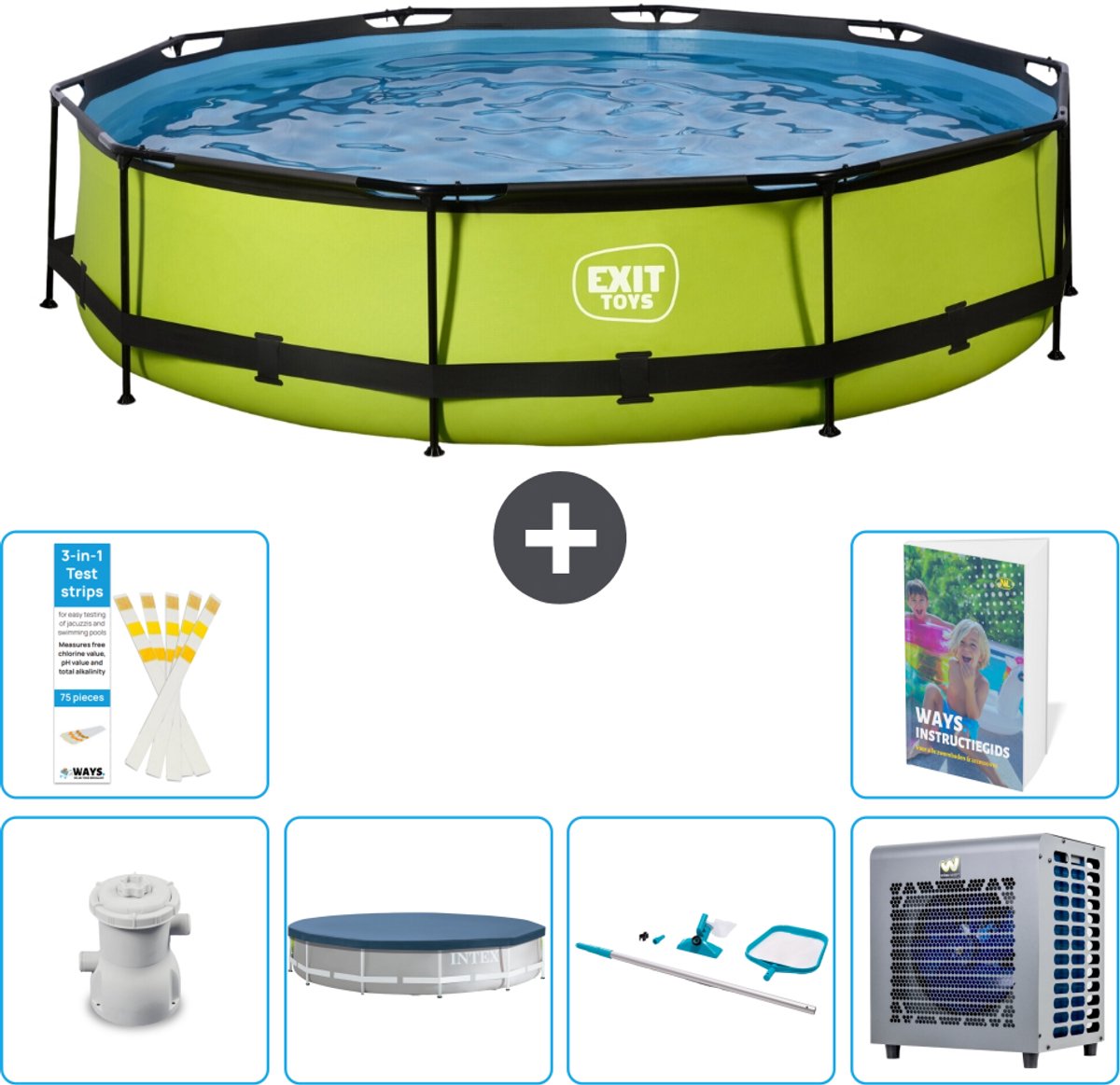 EXIT Rond Lime Frame Zwembad - 360 x 76 cm - Inclusief Pomp - Afdekzeil - Schoonmaakset - Warmtepomp - 7-delig