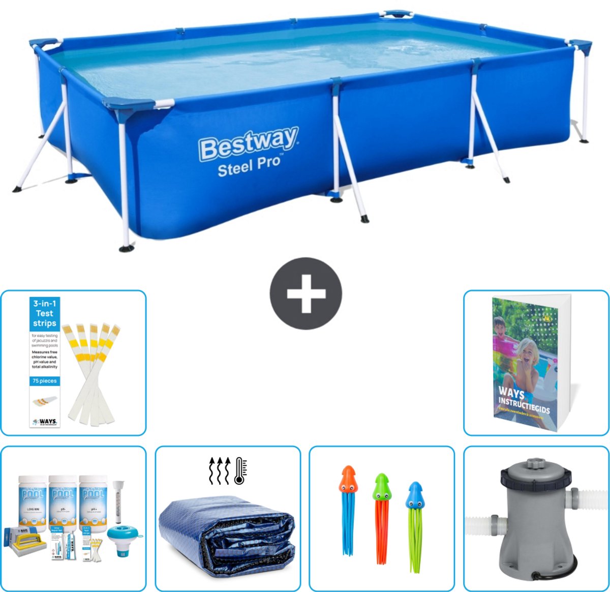 Bestway Rechthoekig Steel Pro Zwembad - 300 x 201 x 66 cm - Blauw - Inclusief Onderhoudspakket - Solarzeil - Speelgoed - Zwembadfilterpomp - 7-delig