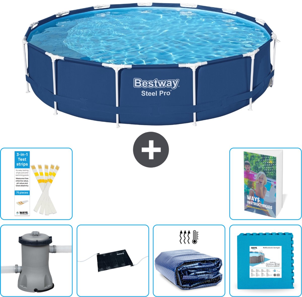 Bestway Rond Steel Pro Zwembad - 396 x 84 cm - Blauw - Inclusief Pomp - Solar Mat - Solarzeil - Vloertegels - 7-delig