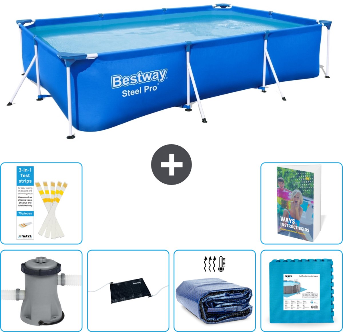 Bestway Rechthoekig Steel Pro Zwembad - 300 x 201 x 66 cm - Blauw - Inclusief Pomp - Solar Mat - Solarzeil - Vloertegels - 7-delig