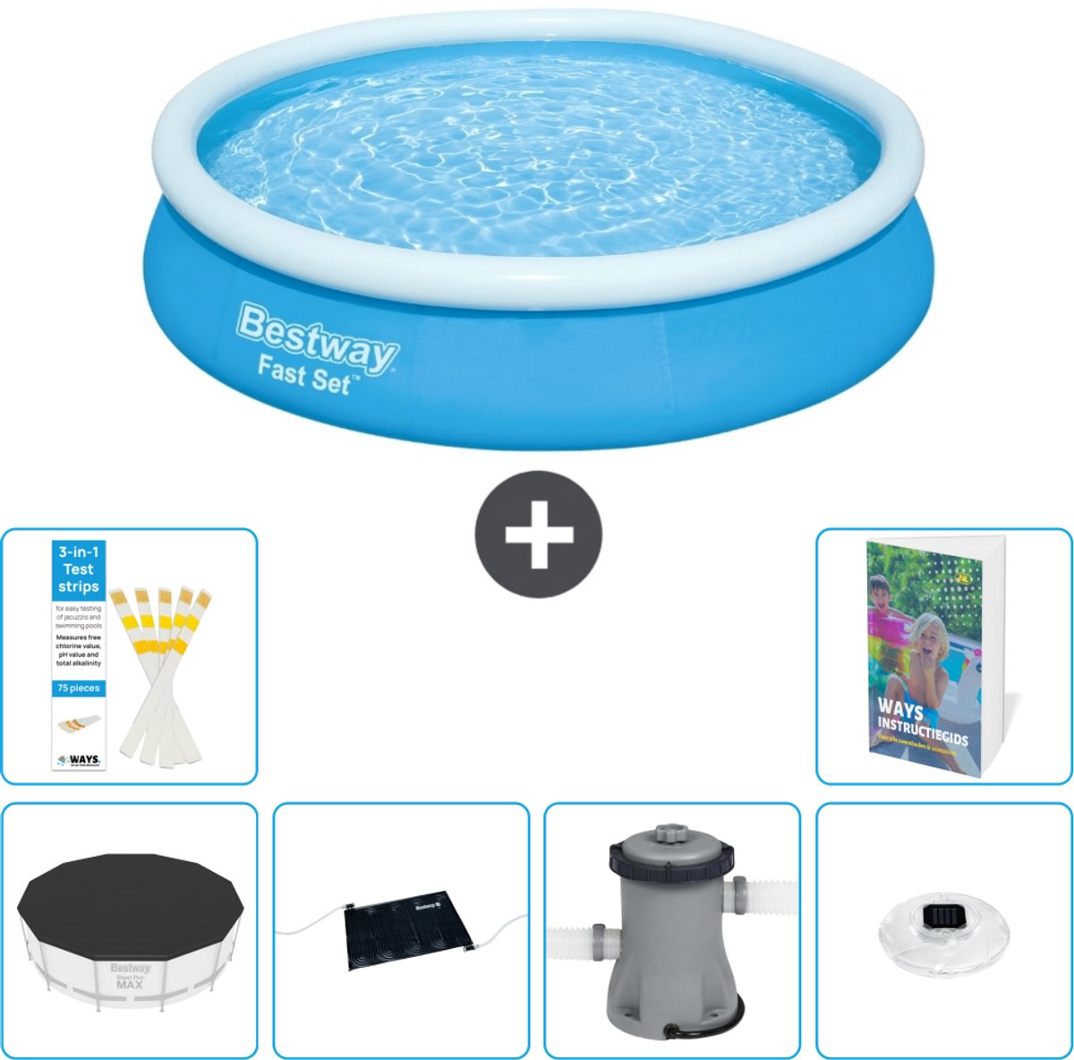 Bestway Rond Opblaasbaar Fast Set Zwembad - 366 x 76 cm - Blauw - Inclusief Afdekzeil - Solar Mat - Zwembadfilterpomp - Verlichting - 7-delig