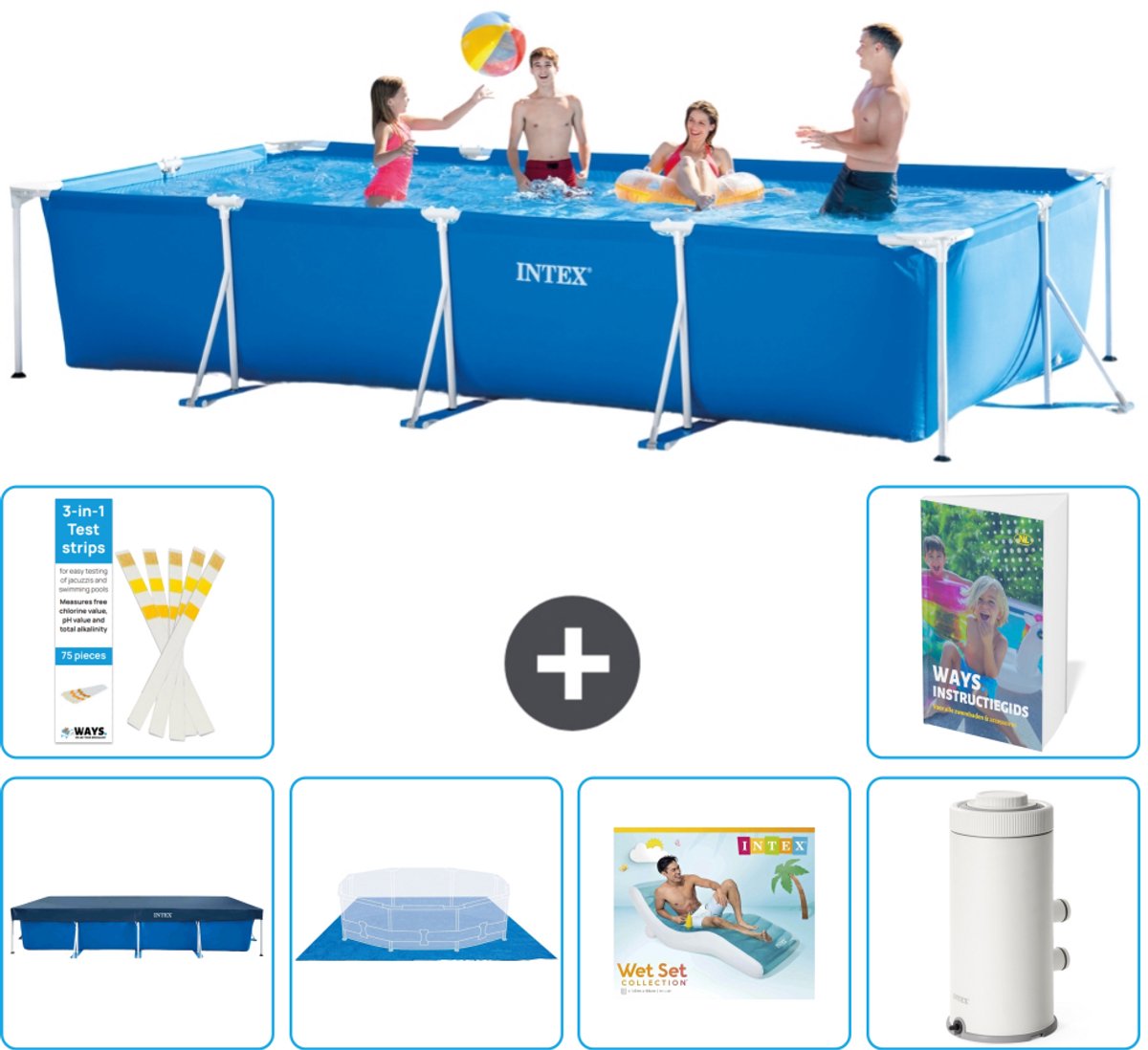 Intex Rechthoekig Frame Zwembad - 450 x 220 x 84 cm - Blauw - Inclusief Afdekzeil - Grondzeil - Loungebed - Zwembadfilterpomp - 7-delig